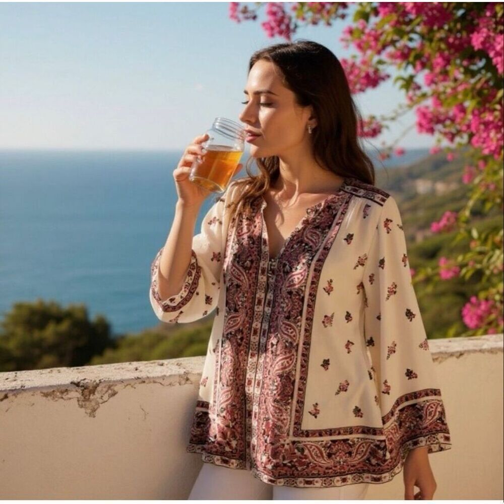 JOIE Haya 100% silk sheer blouse paisley print v-neckline loose fit size XS